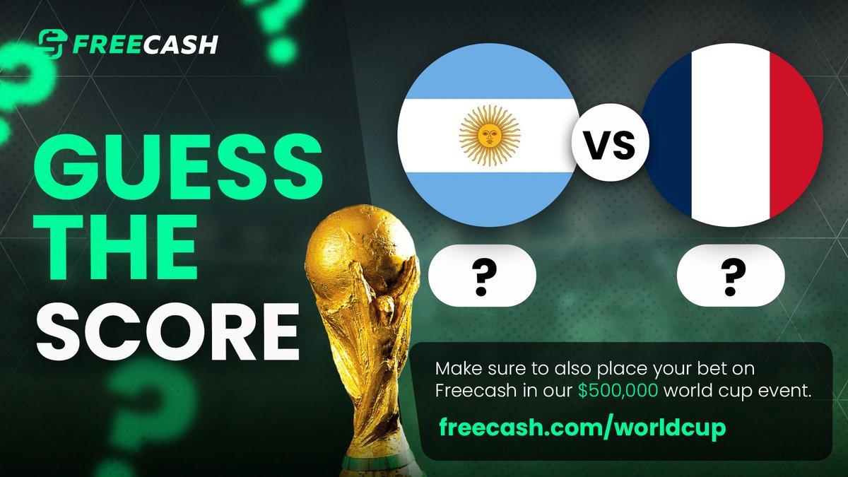 💸 $200 GIVEAWAY - Guess the score! ⚽

It is the final and the event will be over after that!

▶️ RT + Follow
▶️ Guess the score (only 1 answer allowed before the game started)

Argentina 🆚 France

Make sure to place your bets on freecash.com/worldcup in our $500,000 event!