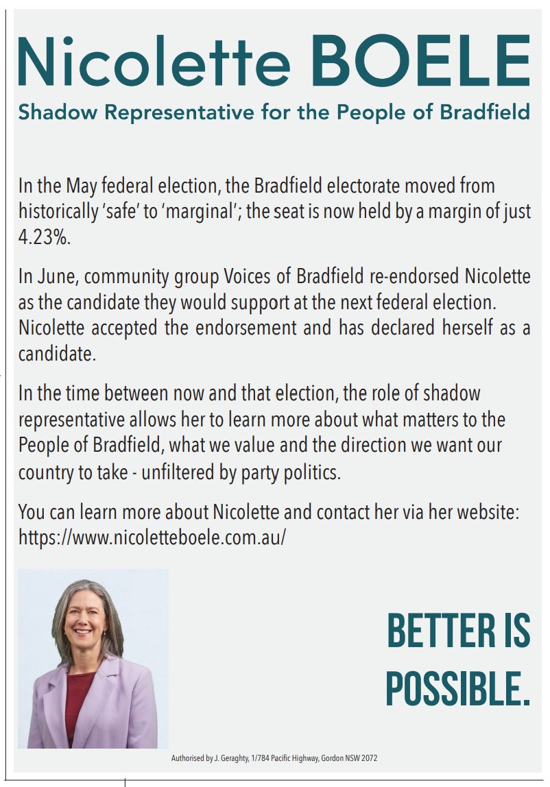 My federal candidacy declaration in the final 2022 issue of The Post, #Bradfield's community news

You can learn more about me, volunteer or even donate to my long haul #community backed #independent campaign 🔽 HERE 🔽 

nicoletteboele.com.au

#BradfieldVotes #BetterIsPossible