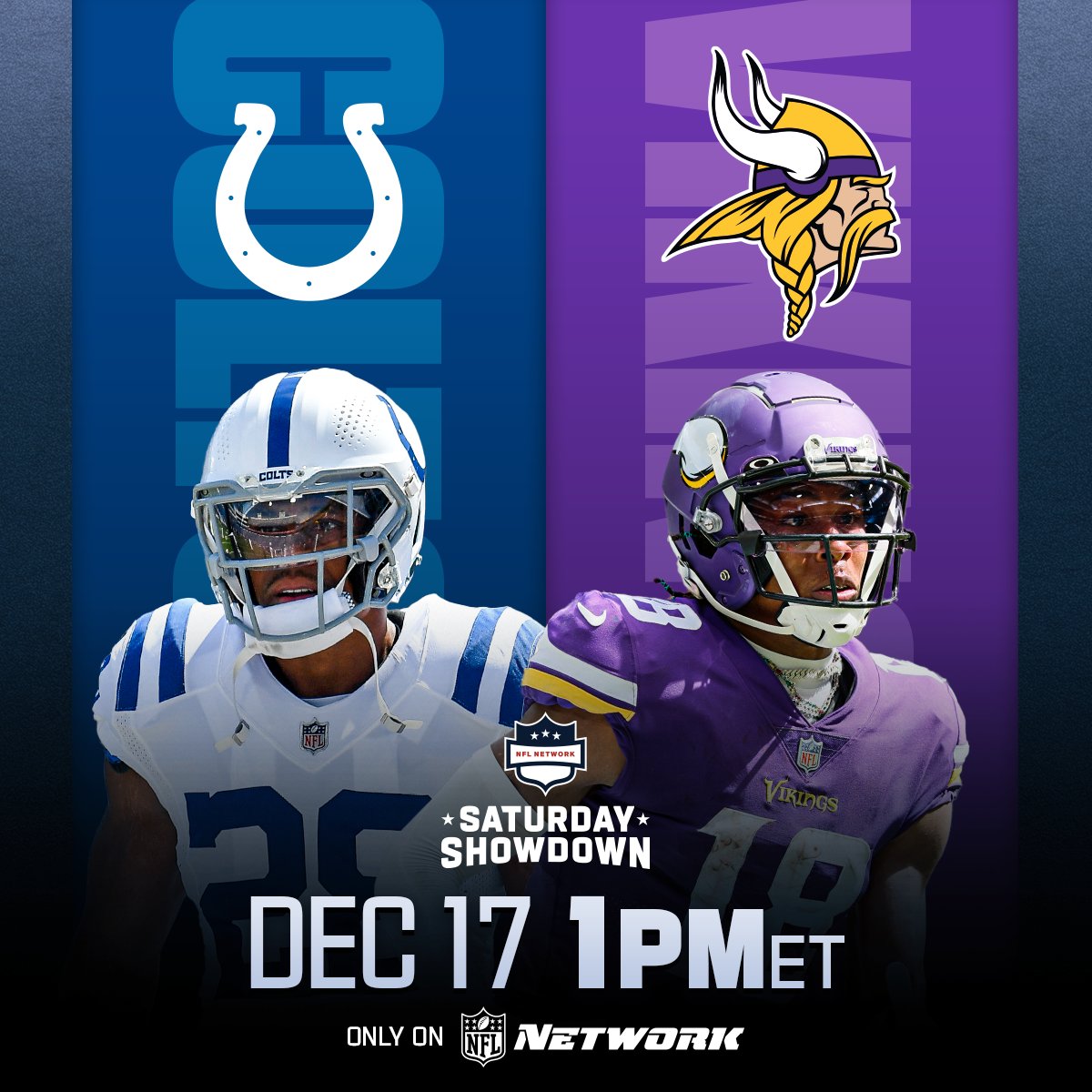 NFL's tweet image. Who’s winning this matchup?

📺: #INDvsMIN— Saturday 1pm ET on @NFLNetwork 
📱: Stream on NFL+ bit.ly/3POvRB0