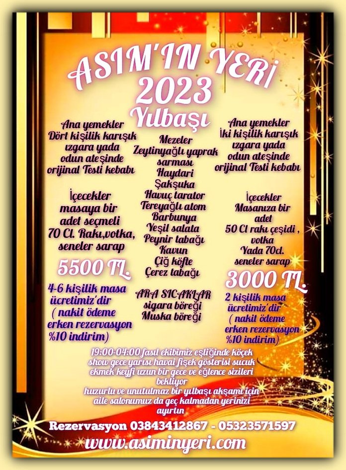 2022-2023 Alaturka fasıl salonu Yılbaşı programımız..!
Nice Sağlıklı ve Uzun Yıllar Diliyoruz..!