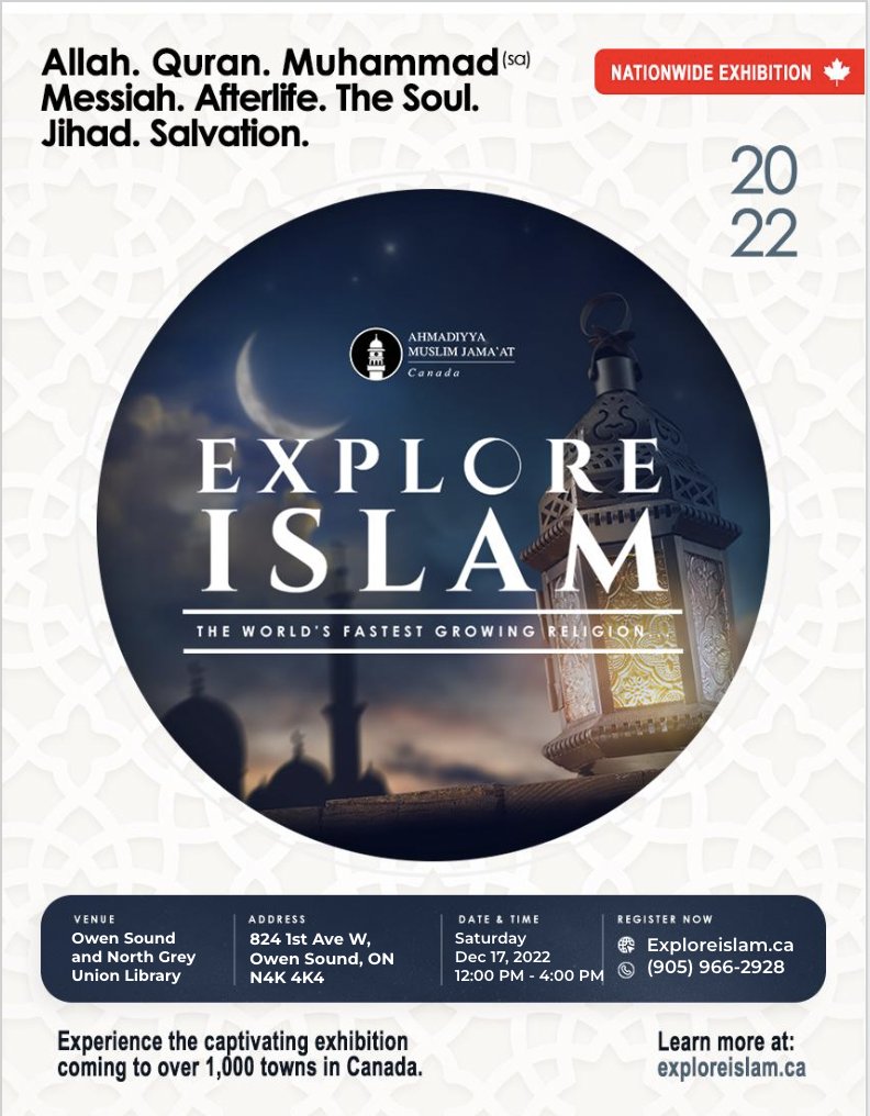 Brampton Flowertown will be organizing a Chatsworth #ExploreIslam Exhibition at Owen Sound &amp; North Grey Union Public Library this Saturday December 17th at 12 noon!

We look forward to welcome media, churches, government officials and the amazing people of #Chatsworth, ON