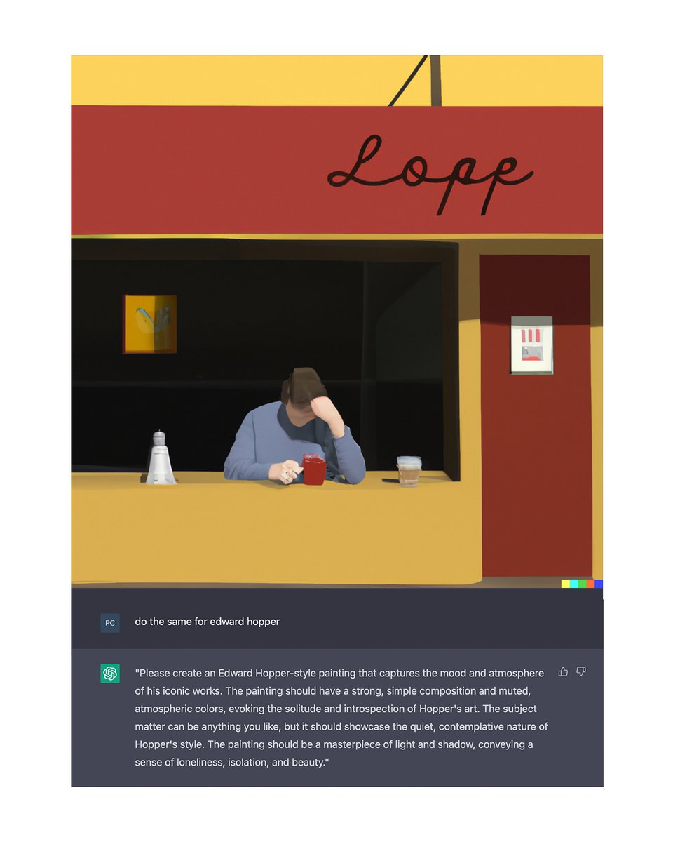 phillipacrowe's tweet photo. I asked @chatgptopenai to give me prompts for Dall-E 2 about artworks from five of my favorite artists.

I let #ChatGPT provide the descriptions and had #DallE2 generate the #AIArt.

You can read the prompts below each piece. https://t.co/knqqjkSuyI