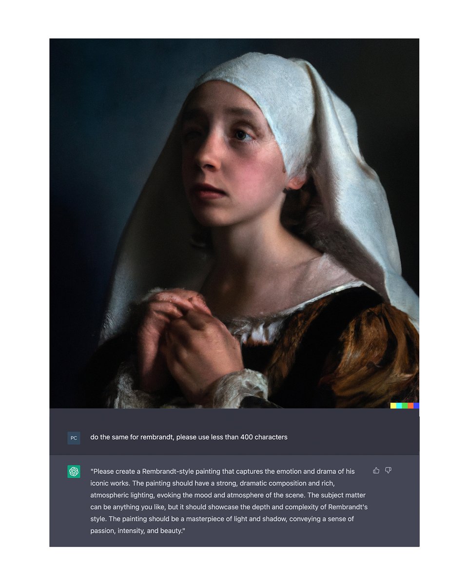 phillipacrowe's tweet photo. I asked @chatgptopenai to give me prompts for Dall-E 2 about artworks from five of my favorite artists.

I let #ChatGPT provide the descriptions and had #DallE2 generate the #AIArt.

You can read the prompts below each piece. https://t.co/knqqjkSuyI