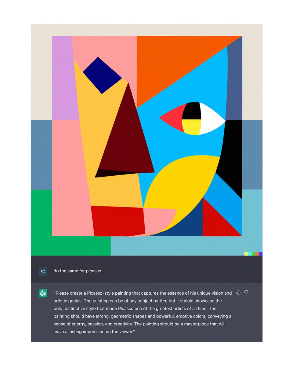 phillipacrowe's tweet photo. I asked @chatgptopenai to give me prompts for Dall-E 2 about artworks from five of my favorite artists.

I let #ChatGPT provide the descriptions and had #DallE2 generate the #AIArt.

You can read the prompts below each piece. https://t.co/knqqjkSuyI