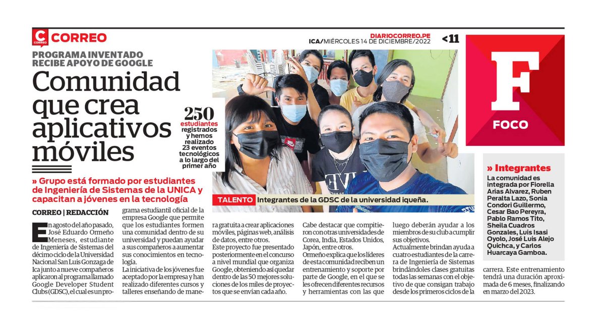 dsc_unica's tweet photo. ¡Gracias al Diario Correo @diariocorreo  por la nota referida al primer capítulo del GDSC UNICA! 🥳💙💚 https://t.co/QuRBBTPb9r