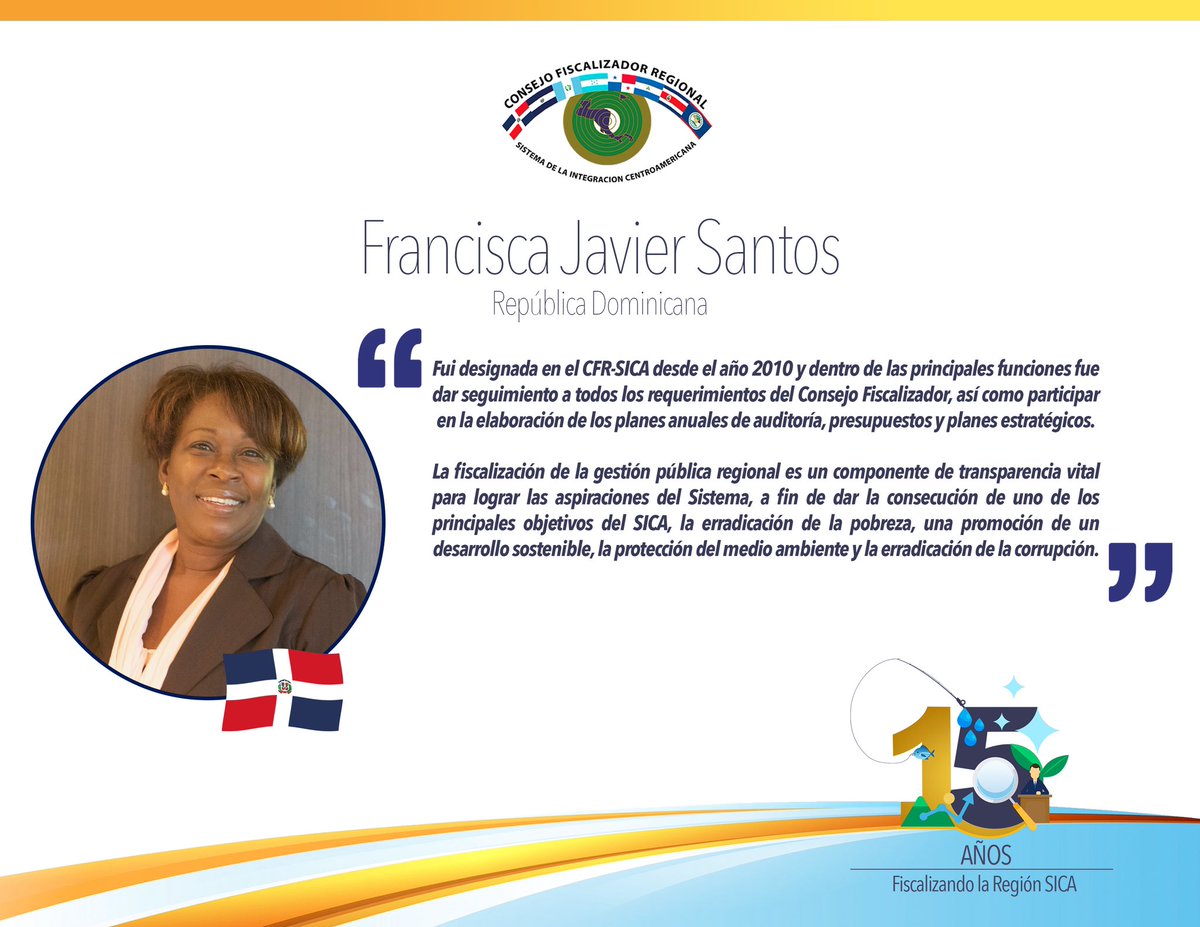 stcfr_sica's tweet photo. 📌 #FiscalizandoLaRegiónSICA | Te invitamos a conocer a Francisca Javier Santos, Miembro de la Unidad de Enlace de República Dominicana 🇩🇴 @CamaraCuentasRD, quien forma parte del #CFRSICA desde su creación.
#15AñosCFRSICA https://t.co/JfIuDiKqso