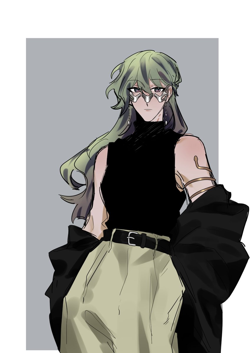 solo long hair green hair belt grey background glasses sleeveless  illustration images