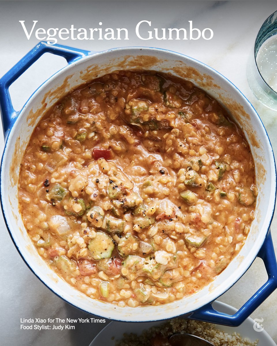 nytimes's tweet photo. This meatless gumbo has a distinct Louisiana flavor, thanks to the roux, Creole seasoning and the “holy trinity” of Creole cooking (onion, celery, bell pepper). https://t.co/cIK9msCa4u https://t.co/ZW1oW5HhDH