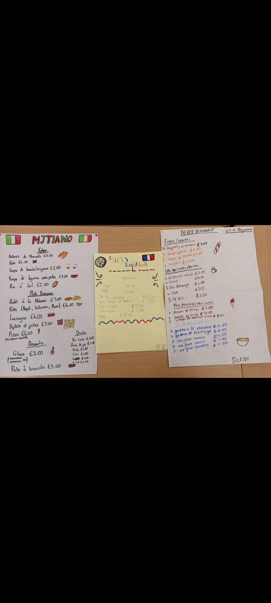 2.3 created menus for a French cafe or restaurant - here are some examples of their hard work ☺️🇫🇷 now to wind down for the holidays and get ready to learn Spanish after Christmas 🤩🇪🇸 <a href="/WhitehillSec/">Whitehill Secondary</a> <a href="/WhitehillLangs/">Whitehill Languages</a>