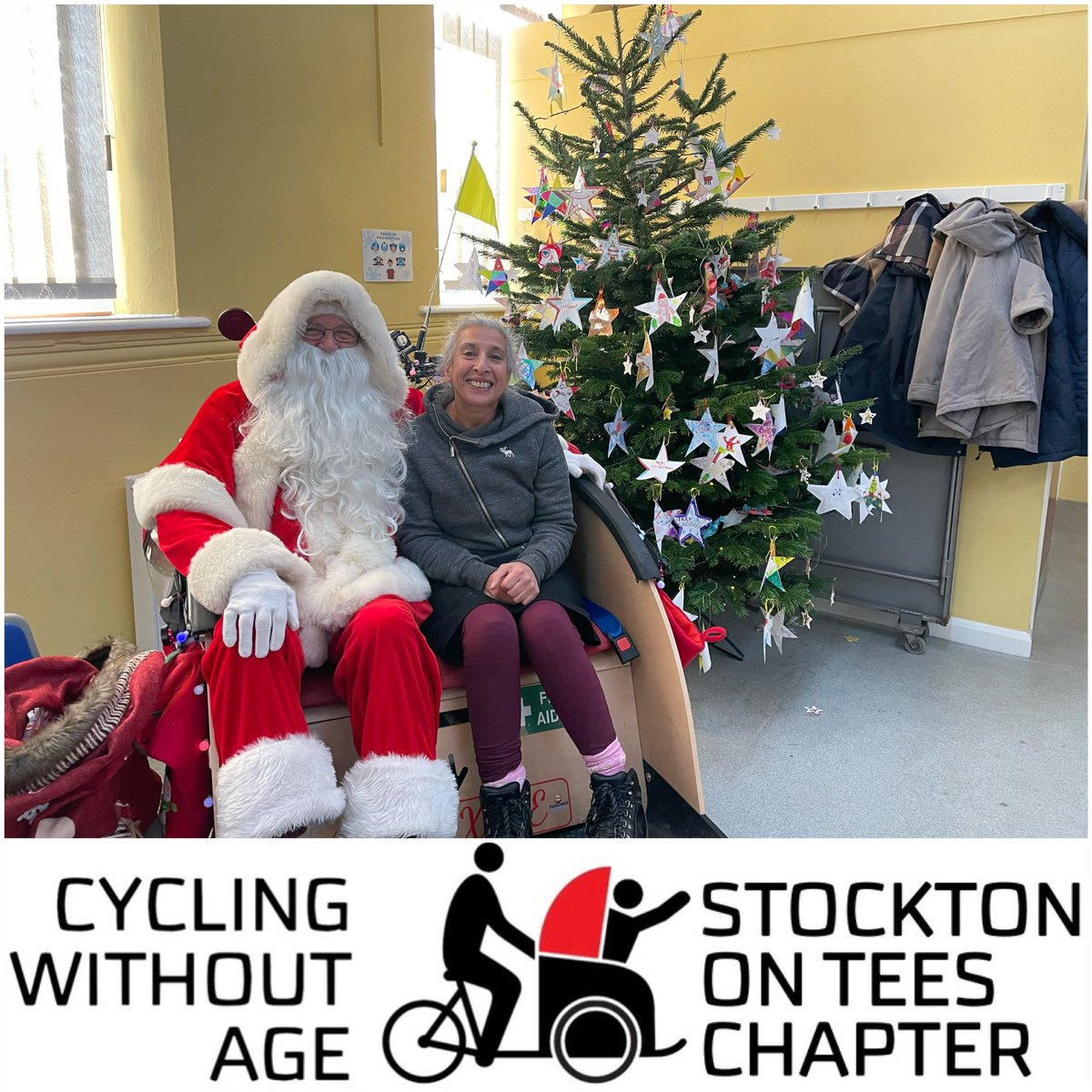 CWAStockton's tweet photo. Trixie and Santa attended Stepping On Social to hand out gifts and offer a memorisable photo opportunity!
@teesriders #TrixieTrishaw #CyclingWithoutAge #CWAStockton #LetsEndLoneliness #StocktononTees #TrioBike #ChairBasedExercise #ChairSupportedExercise #OlderPeople https://t.co/nzdWvvy86j