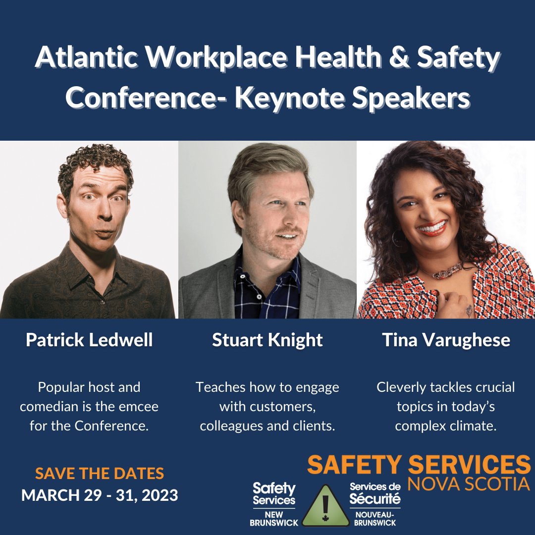 We are pleased to announce our three wonderful keynote speakers for the 2023 Atlantic Workplace Health &amp; Safety Conference- Patrick Ledwell, Stuart Knight, and Tina Varughese. 

Don’t miss out on early bird pricing, register now!

atlanticworkplacesafety.ca/registration.p…