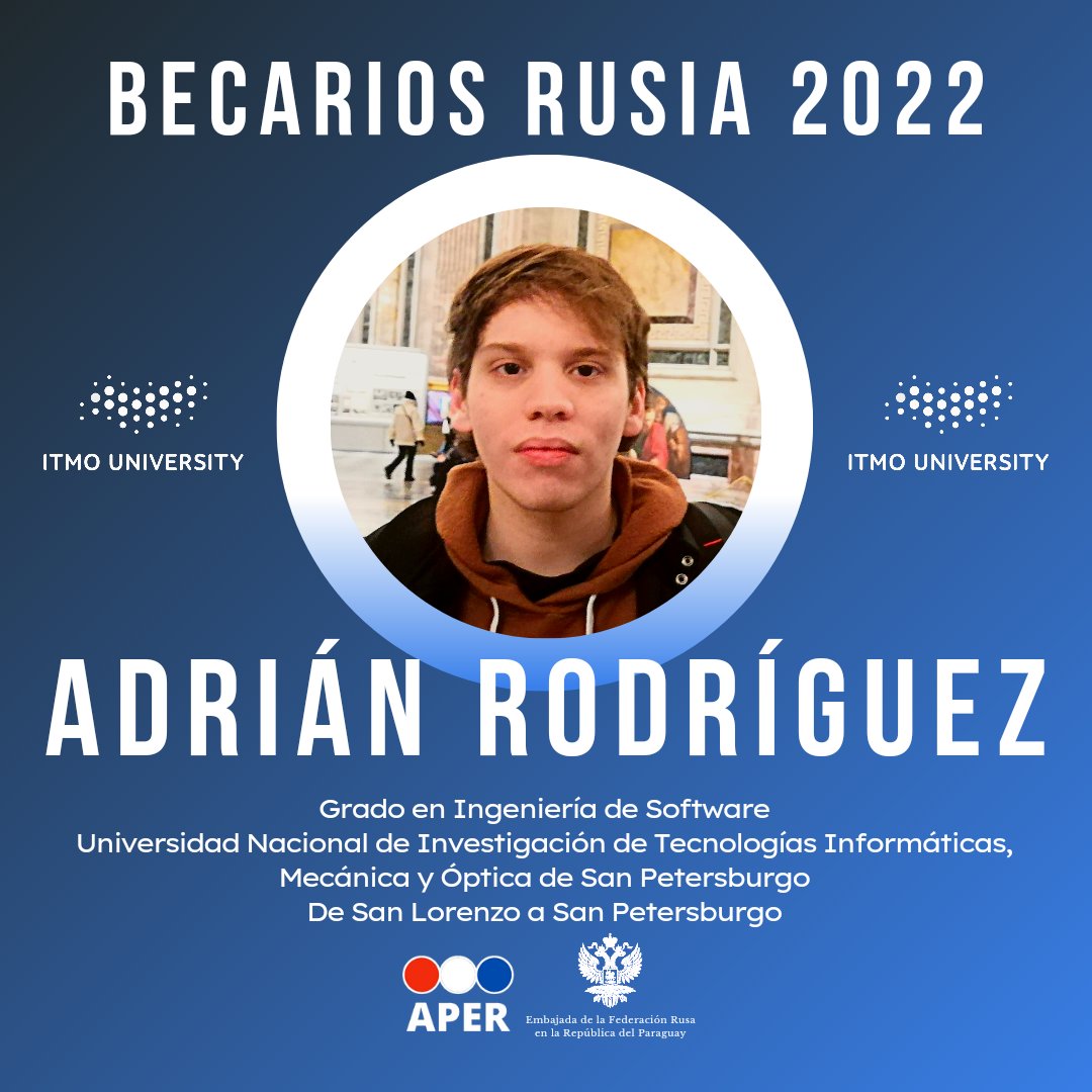 🎉📣🤩¡Seguimos con la presentación de nuestros nuevos becarios seleccionados por la Embajada de la Federación de Rusia en el Paraguay, quienes ya iniciaron sus estudios en el país euroasiático!🥳💯💪🏻

¡Mucho éxito <a href="/zskyzerg/">Adrián Rodriguez</a>  🇷🇺❤️🇵🇾