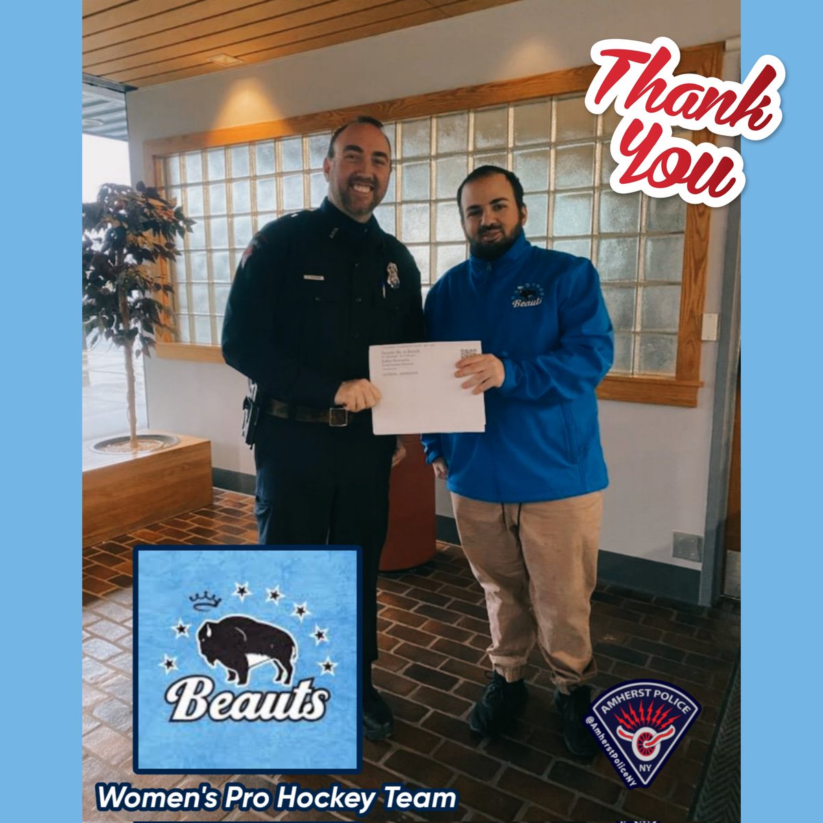 amherstpoliceny's tweet photo. [AMHERST POLICE, NY] -- Thanks to LJ Baia, the Sponsoring and Ticket Manager for Buffalo Beauts Women's Professional Hockey team donated tickets to first responders for tomorrow night's game at Riverworks (7pm). 

#GoBeauts🏒

#BackTheBlue https://t.co/8lYtB6ZWf0