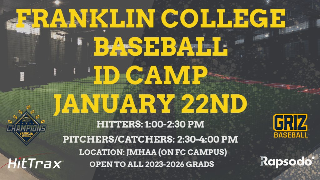 FCGrizBaseball's tweet photo. Franklin College Baseball Winter ID camps are coming your way January 22nd!  We are on the hunt for future Grizzlies!  Camps will be hosted in the brand new, state of the art, Johnson Memorial Health Athletic Annex!  

Link: https://t.co/lD7aUXoj8T
@fcgrizathletics #TEAMGRIZ https://t.co/xntsJLCDjV