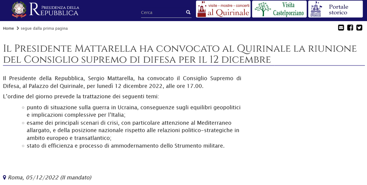 GermanoNalbone's tweet photo. Il Presidente Mattarella ha convocato al Quirinale 
il Consiglio Supremo di Difesa
Ordine del giorno:
Riguardo la Guerra in Ucraina
 ◦ Conseguenze e implicazioni per l’Italia
 ◦ Relazioni politico-strategiche
 ◦ Ammodernamento dello Strumento militare

Entriamo in Guerra...??? https://t.co/BBLQr3JOyh