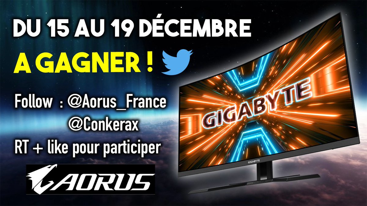 🎁 #Concours 🎁

Pour les fêtes de fin d'année, avec Aorus nous avons le plaisir de vous offrir un magnifique écran GIGABYTE M32UC ! 😍

Pour participer :
- Follow <a href="/AORUS_France/">AORUS France</a> et <a href="/conkerax/">Conkerax</a> 
- ❤️ et RT le tweet

☄️TAS : 19/12

Bonne chance à tous les participants ! 🥳