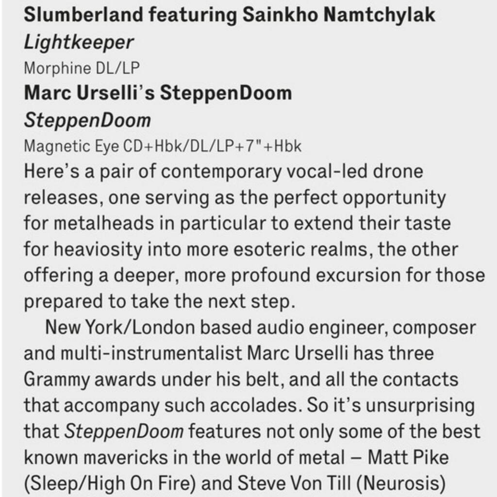 MarcUrselli's tweet photo. Thank you to #TheWire Magazine @thewiremagazine and writer #RosieEstherSolomon @thebechdelbitch for reviewing the new #SteppenDoom album in the January edition along with the new album by revered throat singer #SainkhoNamtchylak @sainkho_namtchylak @sain… https://t.co/rhJJIpYINF https://t.co/qNB1Tqio1A