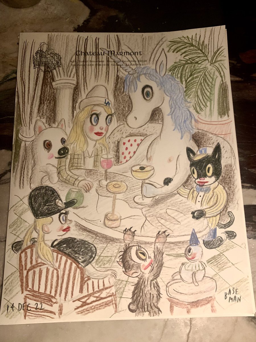 garybaseman's tweet photo. My Dinner with Unicorns!
So nice to Dine &amp; Draw again at the @ChateauMarmonte 
especially with my imaginary friends. Thank you @AlionaKononova &amp; @petitemeller for making it happen. #chateaumarmont #garybaseman #baseman #thelastunicorn https://t.co/Z5O37ZkGva