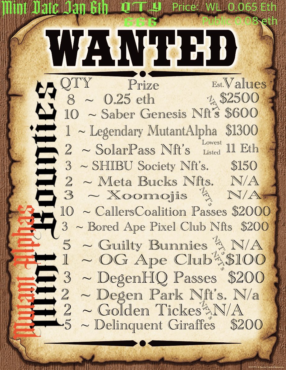 AlphaLogicHQ's tweet photo. #MutantAlphas 
Mint : Jan 6th 
Time : 12pm Est
Price : PreMint 0.065
            Public    0.08
Mintable : 600
Collection Size: 666

Day 1 #Staking Rewards
@Alphalogictoken  #ERC20 

Bounties Below

 #nfts #nft #nftart #nftcommunity #nftcollector #nftartist #digitalart #crypto https://t.co/coah4weY8Y