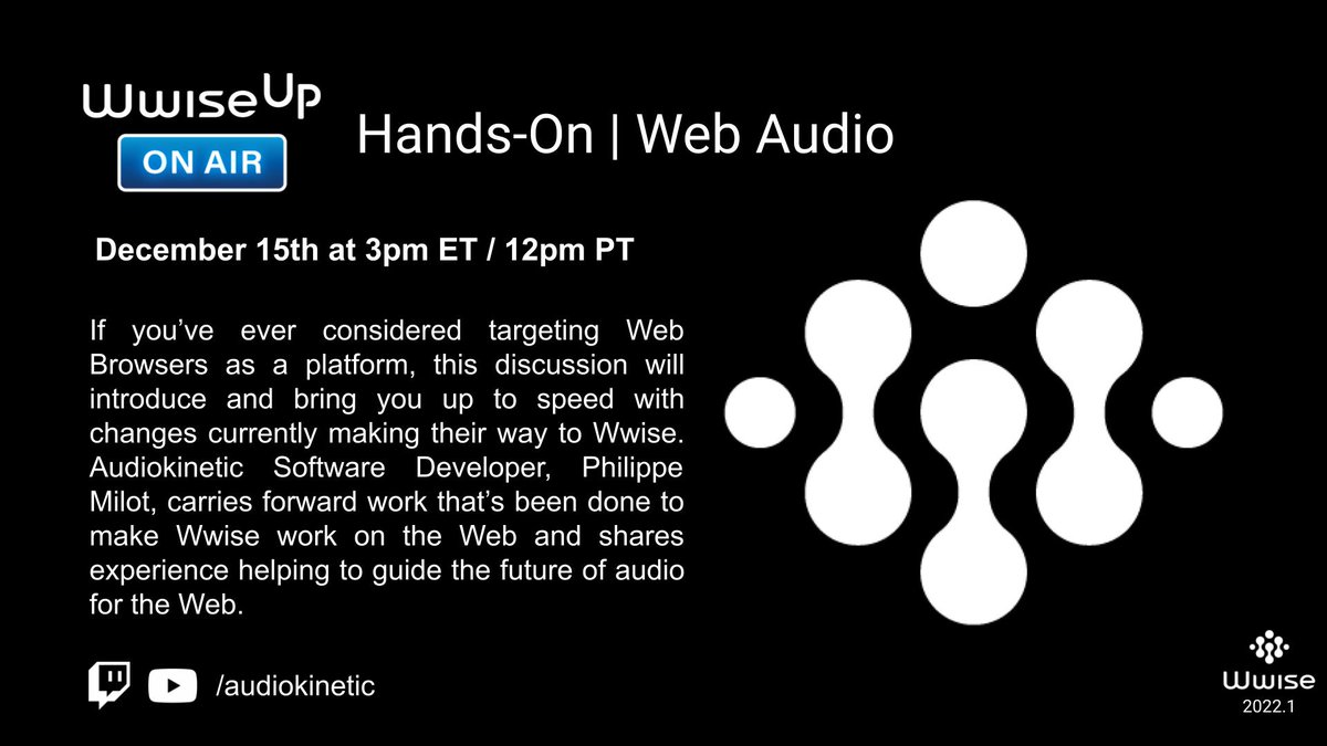 If you’ve ever considered targeting Web Browsers as a platform, today's Wwise Up On Air will bring you up to speed with changes currently making their way to #Wwise. Join us at 3pm ET / 12pm PT on Twitch, link below!

#GameAudio #GameDev
hubs.ly/Q01vY28s0