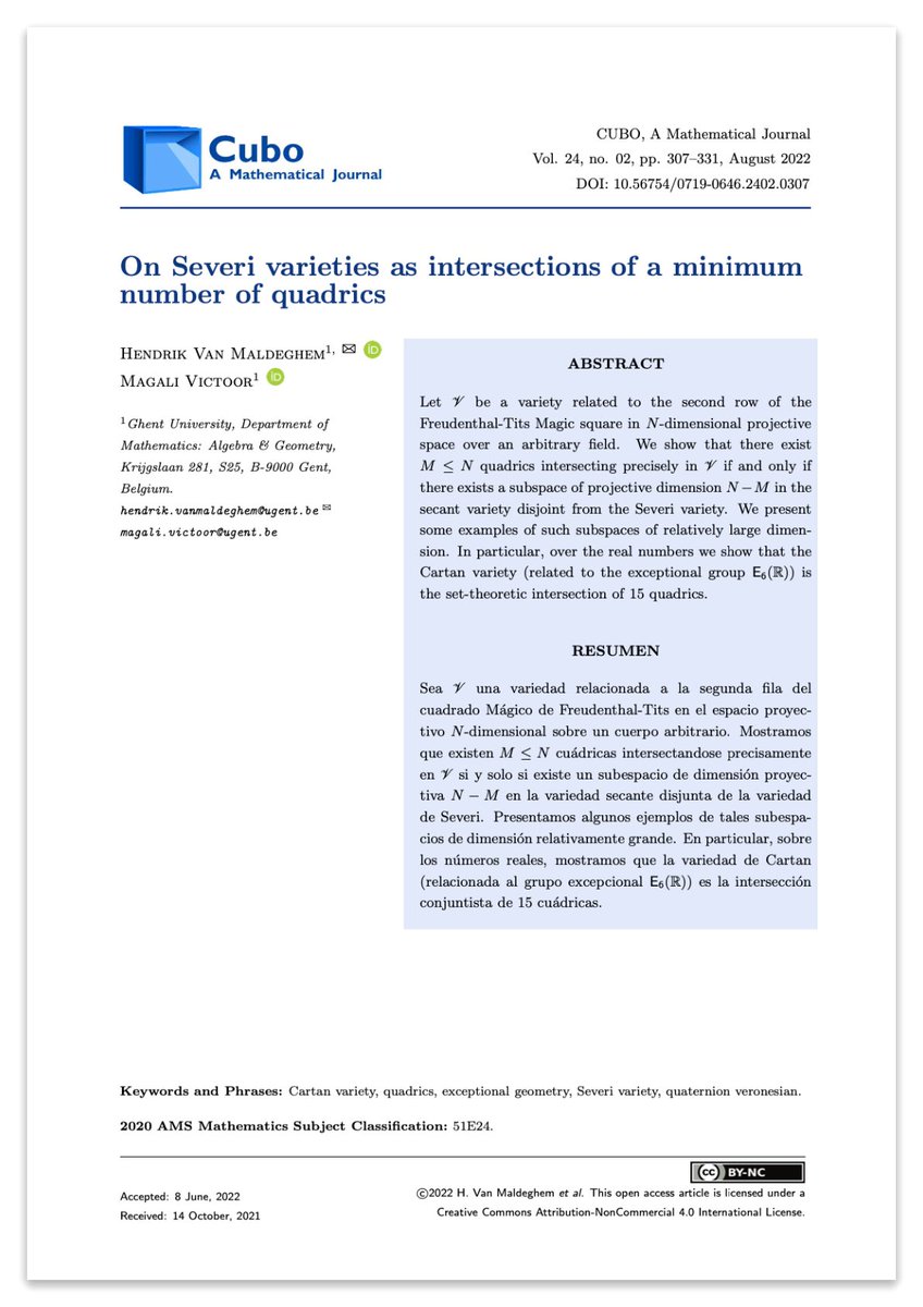 Cubo_Journal's tweet photo. 📄 “On Severi varieties as intersections of a minimum number of quadrics” by Hendrik Van Maldeghem and Magali Victoor. Read more here: https://t.co/6sR7eRQ6Ji

#paper #math #scopus #wos #mathscinet #doaj #scielo #severi https://t.co/8vEjfL33wU