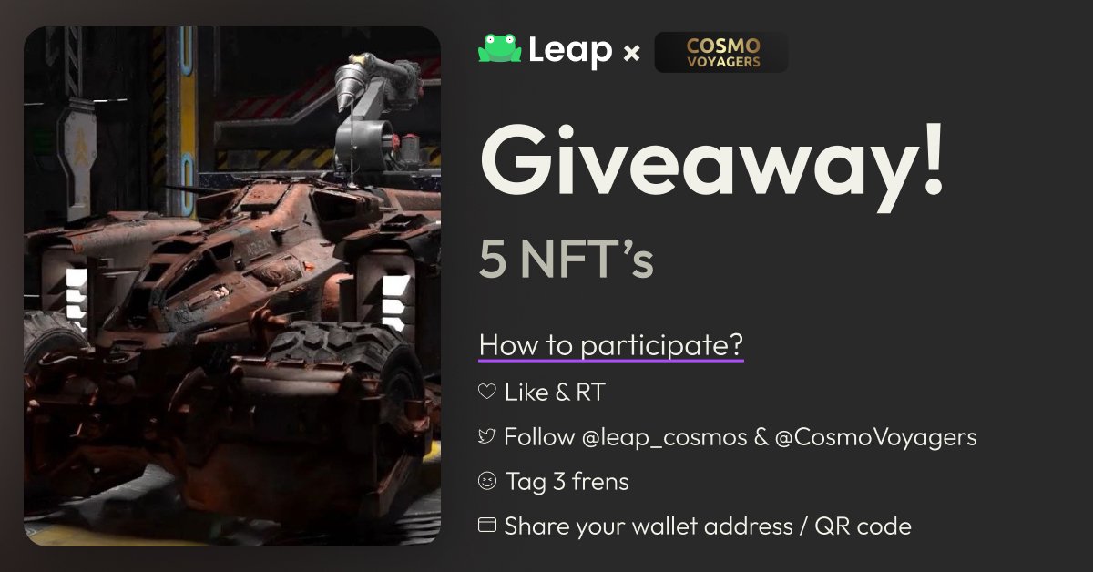 leap_wallet's tweet photo. Too many NFTs.. said no one ever ⚡

Back w a banger NFT giveaway w @CosmoVoyagers 💥

Here's how you can snag one 👇
1️⃣ Like &amp; RT this post
2️⃣ Follow @leap_cosmos &amp; @CosmoVoyagers
3️⃣ Reply w a screenshot of your Leap Wallet address / QR code

Steps on how to share the QR code 👇 https://t.co/9ZtHTrKlDY
