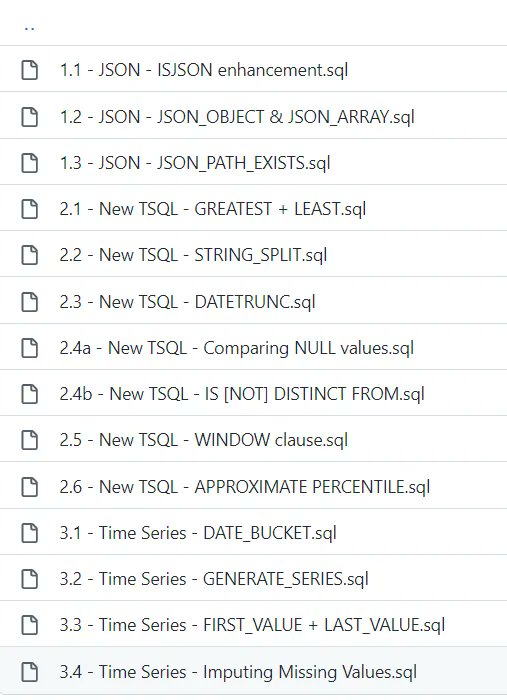mauridb's tweet photo. #AzureSQL and @SQLServer got a bunch of updates to #TSQL. 🚀 Generate a list of numbers with GENERATE_SERIES; have an improved WINDOW function support; use JSON_OBJECT and JSON_ARRAY to create JSON and more! Test drive 🛵 everything using @SQLDBA demos! https://t.co/Ao2tEDYJRO https://t.co/20tx81cP0p