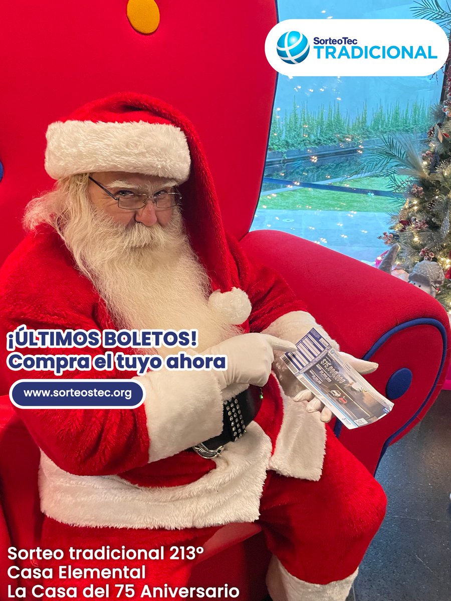 SorteosTec's tweet photo. 🎅🏼 ¡Santa te invita a que compres tus boletos del #SorteoTradicional213º! En donde podrás participar para ganarte la #CasaDelTec!🎄🌟 #CasaElemental ¡Aprovecha porqué son los últimos boletos! Puedes comprarlos en línea, da click aquí 👉🏻https://t.co/YFWwYV6u4x ✨ https://t.co/Kgu7IbHixw