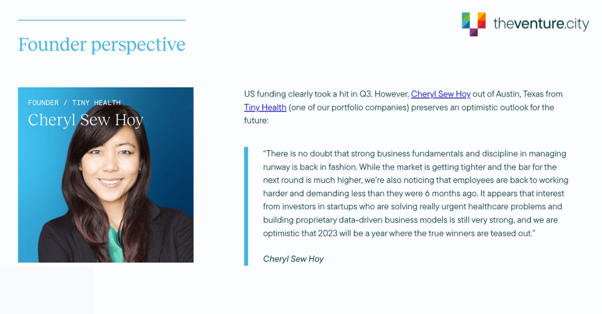 TheVentureCity (@theventurecity) on Twitter photo “While the market is getting tighter and the bar for the next round is much higher, we’re also noticing that employees are back to working harder and demanding less than they were 6 months ago”. 
<a href="/cherylyeoh/">Cheryl (Yeoh) Sew Hoy</a>, Founder of our portco <a href="/GetTinyHealth/">Tiny Health</a>, in our VC Benchmark Report Q3'22 “While the market is getting tighter and the bar for the next round is much higher, we’re also noticing that employees are back to working harder and demanding less than they were 6 months ago”. 
<a href="/cherylyeoh/">Cheryl (Yeoh) Sew Hoy</a>, Founder of our portco <a href="/GetTinyHealth/">Tiny Health</a>, in our VC Benchmark Report Q3'22