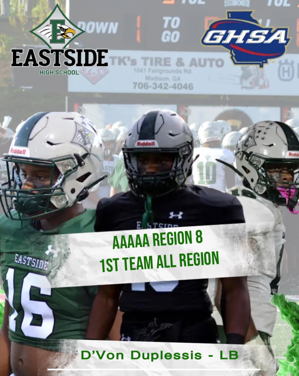 Congrats Goes To AAAAA Region 8 First Team LB | #16 <a href="/DvonDuplessis/">Dvon</a> 

🎥 hudl.com/v/2JSTbR

<a href="/CoachCawthon/">Jay Cawthon</a> <a href="/EHS_Eagles/">Eastside High School</a> <a href="/CovNewsSports/">𝘾𝙊𝙑𝙉𝙀𝙒𝙎 𝙎𝙋𝙊𝙍𝙏𝙎</a> <a href="/RecruitGeorgia/">Recruit Georgia</a> <a href="/BigFaceSportss/">BigFaceSports, (Recruiting & Scouting)</a> <a href="/NEGARecruits/">Northeast Georgia Recruits</a>

#WeBleedGreen🦅 #OurStandard #TraditionNeverGraduates