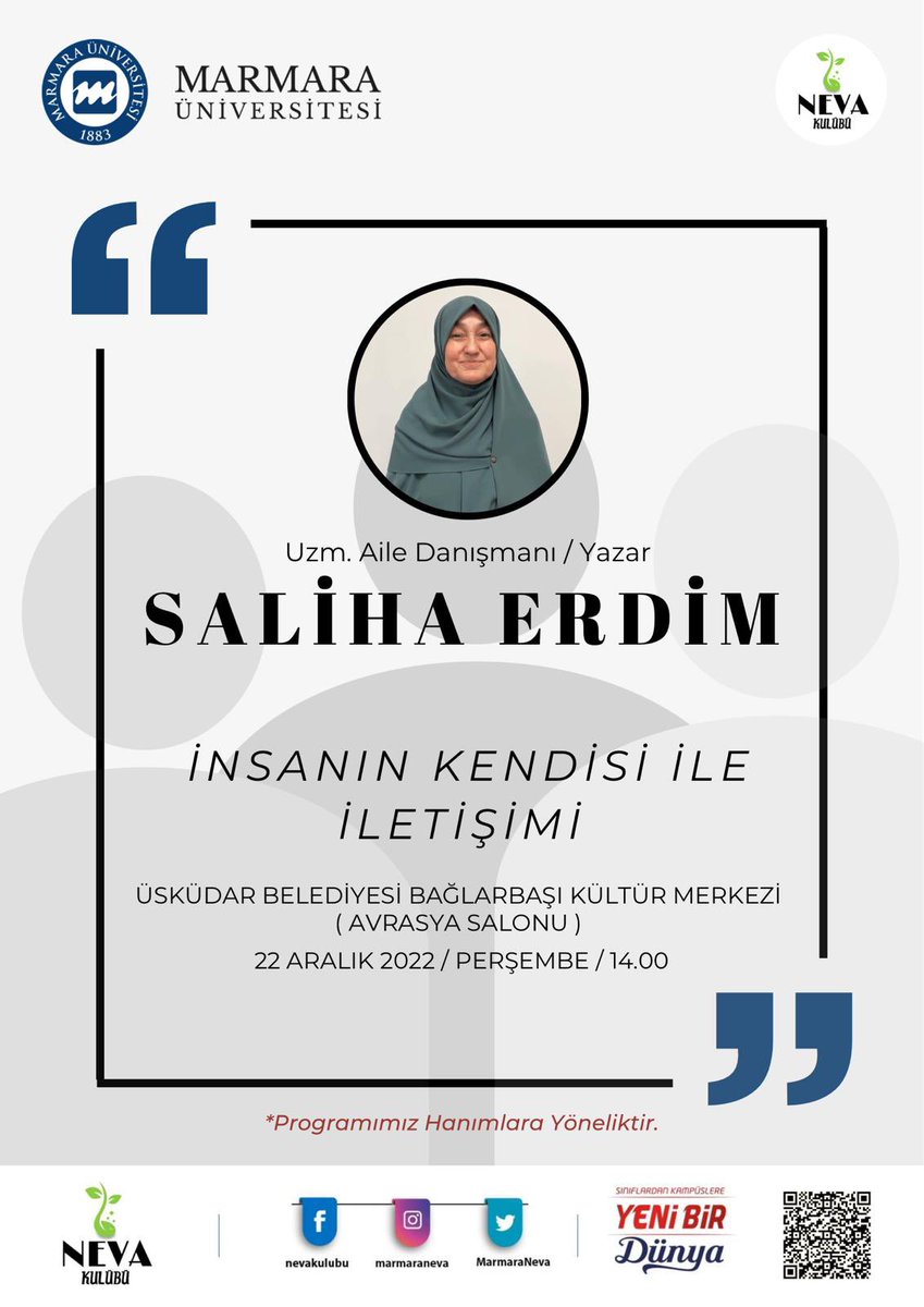 MarmaraNeva's tweet photo. ÖNEMLİ
Programımızda mekan değişikliğine gidilmiştir. 
Yeni mekan bilgisine program detayından ve afişten ulaşabilirsiniz. 

🗓 22 Aralık Perşembe
🕑 14.00
📍 Üsküdar Belediyesi Bağlarbaşı Kongre ve Kültür Merkezi Avrasya Salonu https://t.co/3XE6pKrlqi