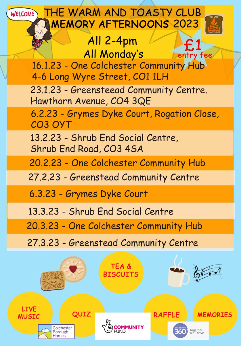WarmToastyClub's tweet photo. Here's our #MemoryAfternoon dates for the first 3 months of 2023 at the 4 different venues.
All are on a Monday & all are 2-4pm
We hope to see you there.
@TNLComFund @ColBoroughHomes @Community360org @GreenCommCentre @SNEEICB_NEE @Agewelleast https://t.co/UHNcxb0HeU
