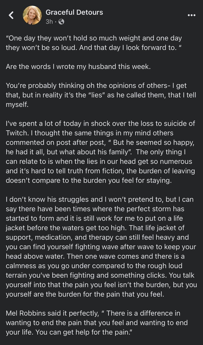 allysonschwab's tweet photo. I spent today in shock ab loss to suicide of Twitch. I thought the same things others did.The only thing I can relate to is when the lies in our head become so many &amp;it’s hard to tell truth from fiction,the burden of leaving doesn’t compare to the burden you feel for staying. https://t.co/GwK8JRW2jW