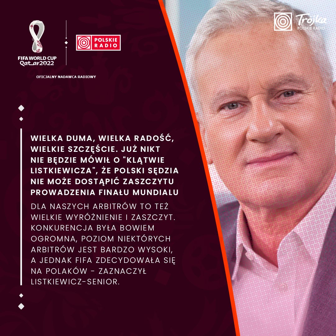 RadiowaTrojka's tweet photo. Konkurencja była ogromna, poziom niektórych arbitrów jest bardzo wysoki, a jednak #FIFA zdecydowała się na Polaków - podkreślił Michał #Listkiewicz @MichaListkiewi2, były międzynarodowy arbiter i prezes #PZPN #Marciniak https://t.co/jo4FWaRJ43