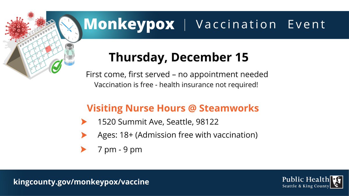 Happening tonight 🌠

Free monkeypox/mpox vaccines will be available at Steamworks Seattle Thursday, 12/15, from 7-9 pm. See info below 👇

#monkeypox #MPOX