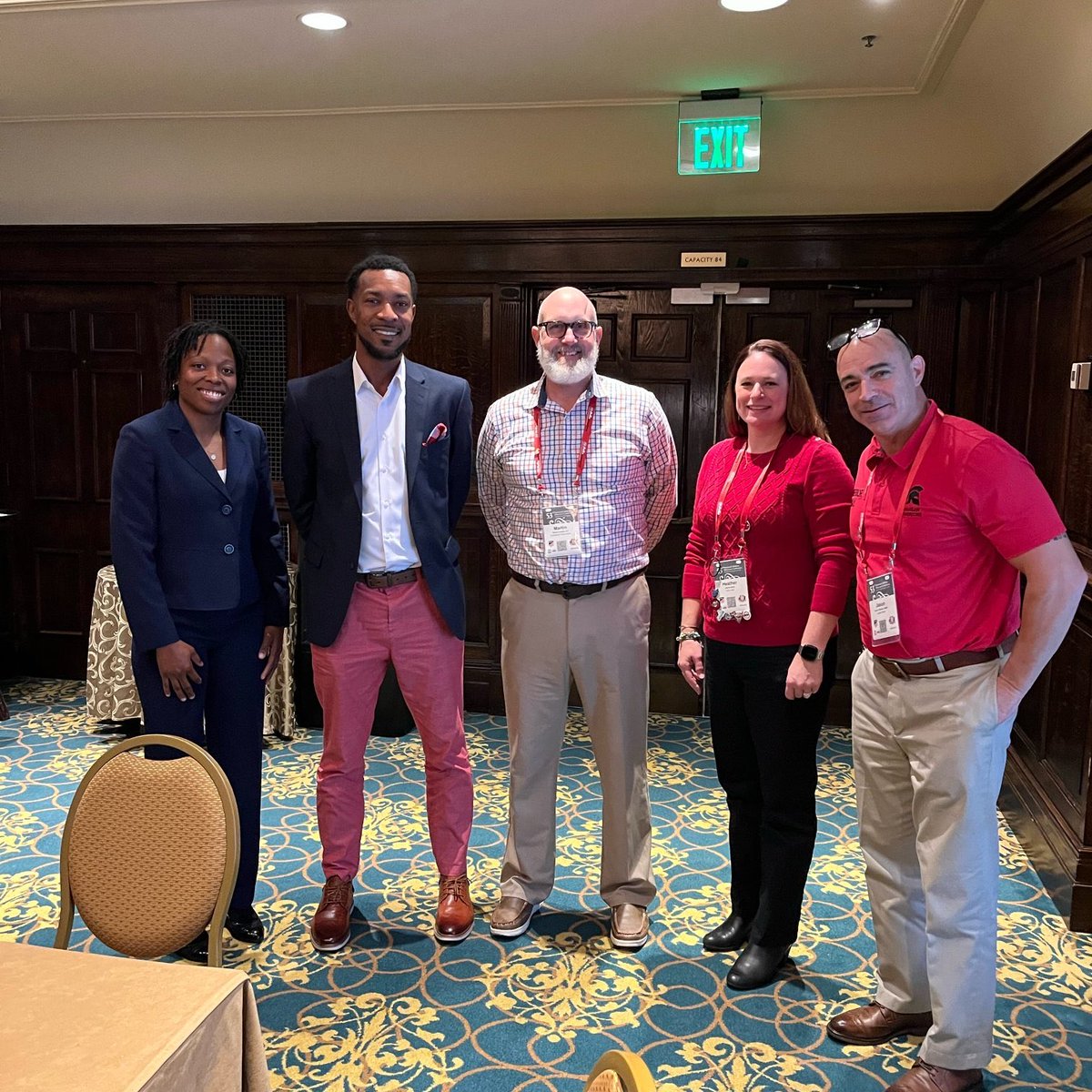 OhioUMAA's tweet photo. 4/ MAA alums Sarah Hayes (far left), AD at Battery Creek HS (SC) and Jason Cuthbert (far right), AD at American School of Warsaw (Poland), on the @NIAAA9100 Blue Ribbon Panel at #ADConf22 in Nashville. #BobcatsLead https://t.co/rWSXbraEJE