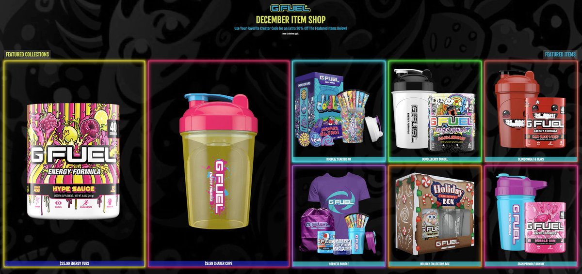 💛 𝗟𝗜𝗞𝗘 + 𝗥𝗧 to win a #GFUEL ITEM of your choice! Picking 2 winners tomorrow bc we stay FUELED in these streets! 😤⚡️ 

🤩 Use a G FUEL CREATOR CODE for 30% OFF!

🛍️ 𝗦𝗛𝗢𝗣: GFUEL.com/pages/item-shop