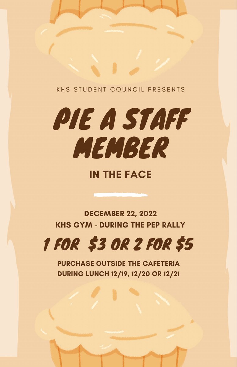Student Council is running a Pie A Staff Members in the Face fundraiser next week!! Purchase pies in advance to be thrown at the pep rally! See flyer for details!! 🥧