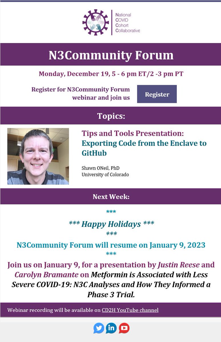 data2health's tweet photo. Join us on Monday, December 19 at 2pm PT/5pm ET for "Tips and Tools Presentation: Exporting #Code from the #Enclave to #GitHub" with Shawn O' Neil.
Register at https://t.co/PSmH9pDPfz
#CD2H #N3C #N3CommunityForum https://t.co/9XNTqbYC1c