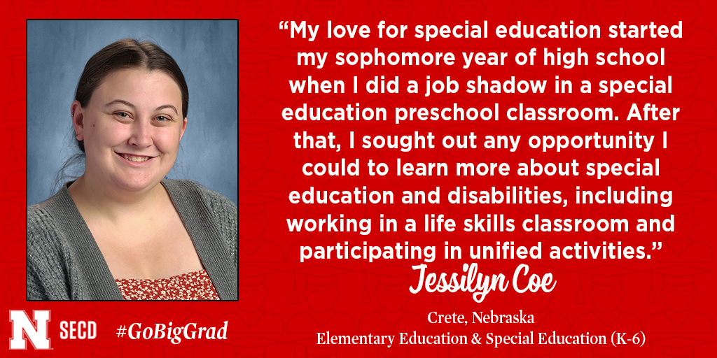 Jessilyn Coe is graduating with dual degrees in elementary education &amp; special education (K-6). Congratulations, <a href="/jesscoeyo/">jess coe 🐈‍⬛🐈</a>! We wish you the best as you officially begin your teaching journey with <a href="/LPSorg/">Lincoln Public Schools</a>! 

#UNL #UNLCEHS #GoBigGrad #SpecialEducation