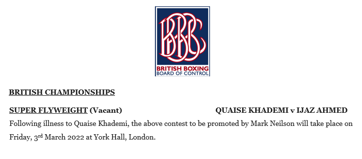 Khademi vs Ahmed British Title fight confirmed for 3rd March York Hall London 2023.

The first fight of a huge card in association with @WBoxingM more announcements coming soon 💥💥

#FightTown @NeilsonBoxing #professionalboxing