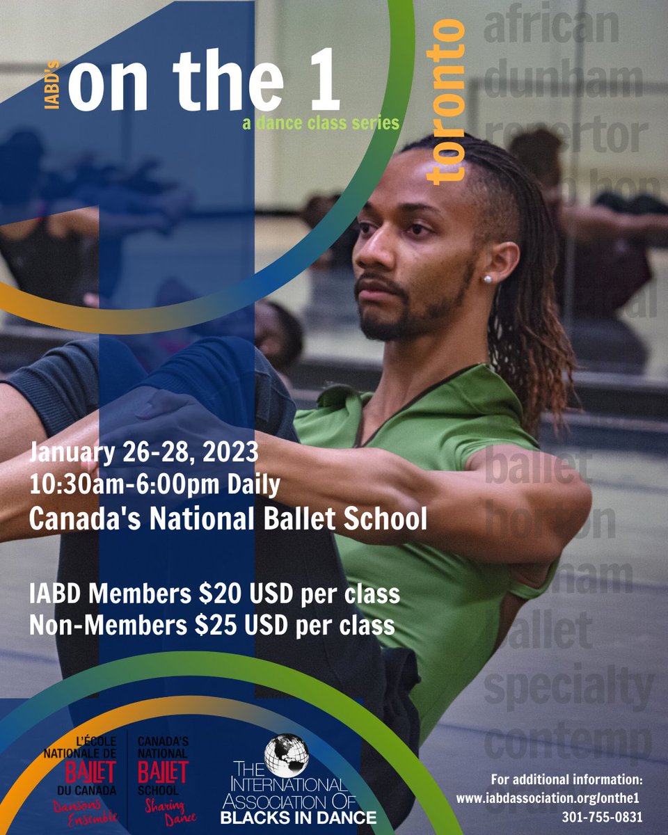 on the 1 | toronto, a dance class series OPEN NOW!
 January 26-28, 2023. 
Dance classes are $20 (USD) per class for IABD Members and $25 (USD) per class for the general public. 

*Visit iabdassociation.org/page/onthe1tor… to learn more!