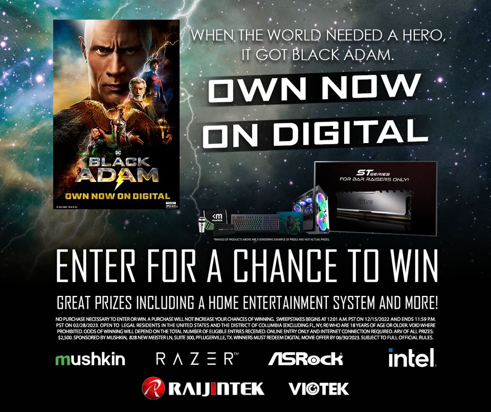 WHEN THE WORLD NEEDED A HERO, IT GOT BLACK ADAM. Be sure not to miss Mushkin and BLACK ADAM #Sweepstakes for a chance to win amazing prizes, including a Home Entertainment System, Gaming PC and Much more. Enter now: mushkin.com/BLACKADAM Official Rules: poweredbymushkin.com/.../index.../o…