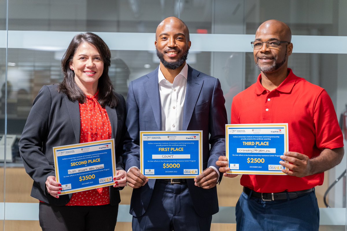 HUideaHub's tweet photo. Congrats to the graduates of our EAC program. Thank you to the judges and Provost Riordan for joining us. Prize 💰: by @CapitalOne.

Lance Mason
Education courses to CPA's
$5k

Maribel Padin-Canestro
Media Consulting
$3,500

Fitz McKinnon
Personal development for students
$2,500 https://t.co/zDAZnFlGBe