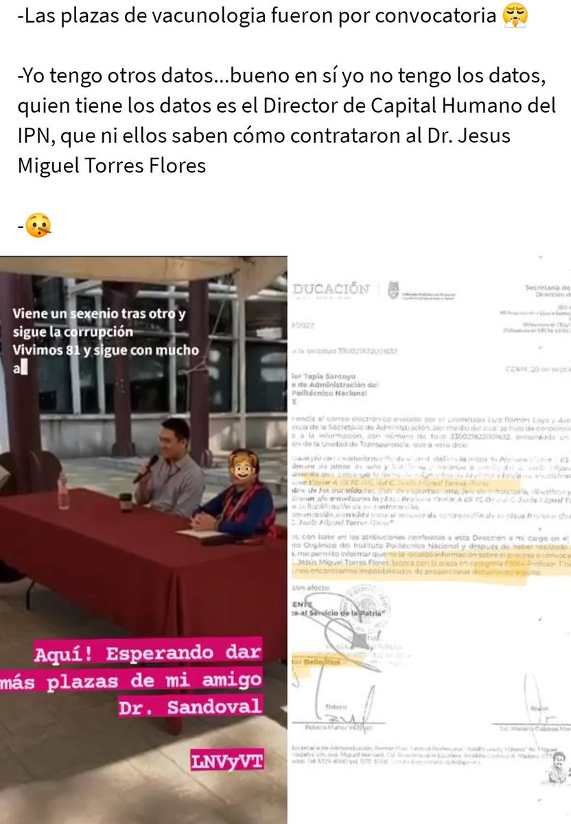 OrejaENCB's tweet photo. @ipn_leaks 
Plazas de Profesor Titular A ES DF TC dadas al Dr. Jesús Miguel Torres Flores que estuvo fuera del IPN por 4 años
Y regresa al recién inaugurado Laboratorio Nacional de Vacunologia y Virus Tropicales (LNVyVT) @lopezobrador_ eso no es corrupción?
@ArturoReyesS_ https://t.co/dpqLpANbRN