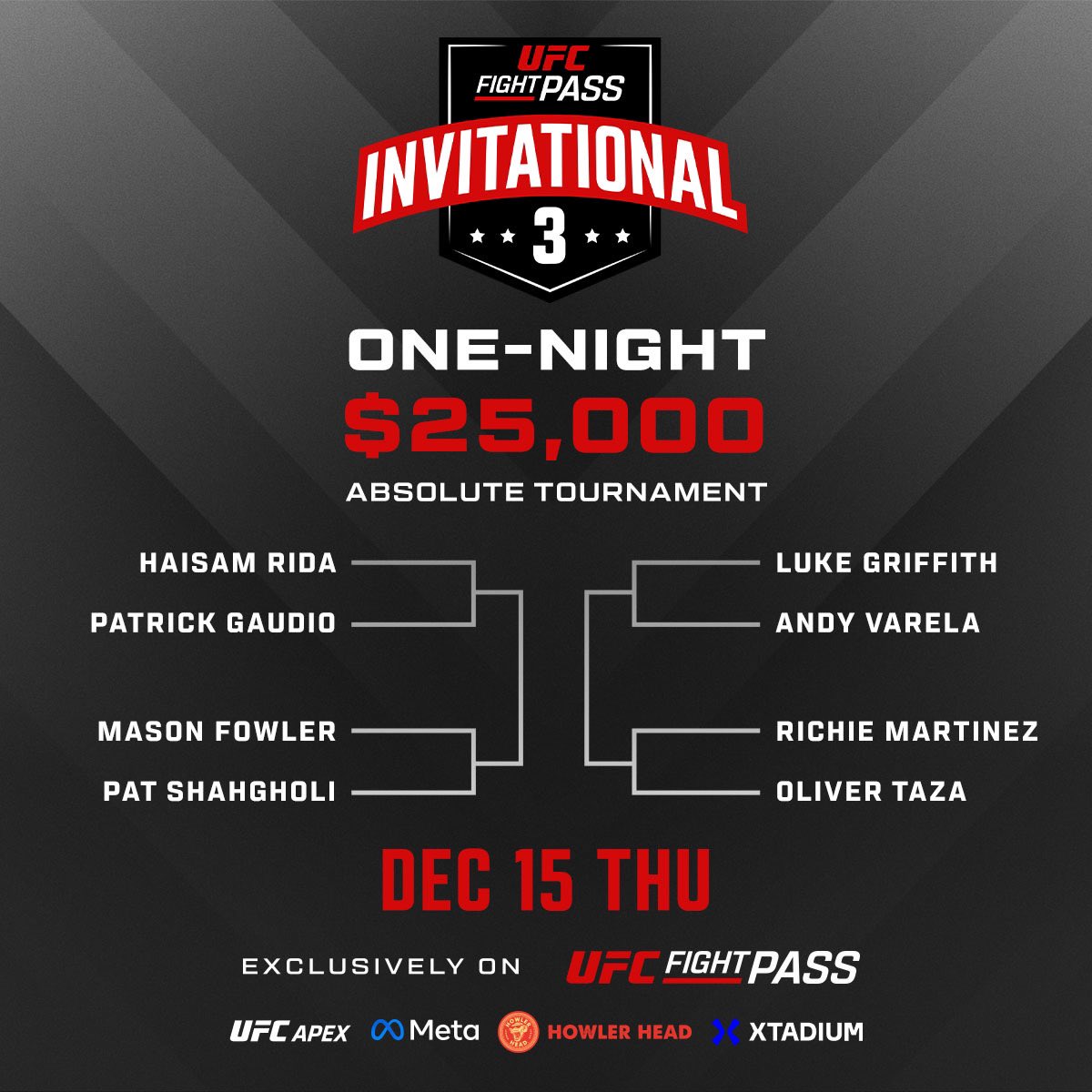 Big night for our @ufcfightpass fam - definitely check it out

- Ryan v Rodriquez
- Tate v Mesquita
- $25k one night tournament 

New subscribers can currently get 80% off their first month.

#FP13 #ufc #ufcfightpass #mma #jiujitsu #bjj