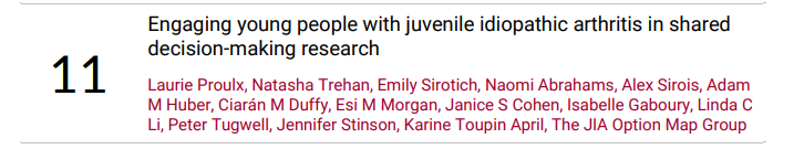 Laurie Proulx (@proulxlaurie) on Twitter photo Super proud to see our paper "Engaging young people w/ juvenile idiopathic arthritis in
shared decision-making research" w/#patientpartners <a href="/natasha_trehan/">Natasha Trehan</a> <a href="/emilysirotich/">Emily Sirotich, PhD</a> Naomi Abrahams & Alex Sirois as first authors. Thanks <a href="/toupinak/">Karine Toupin April</a> for never-ending support! #PatientEngagement Super proud to see our paper "Engaging young people w/ juvenile idiopathic arthritis in
shared decision-making research" w/#patientpartners <a href="/natasha_trehan/">Natasha Trehan</a> <a href="/emilysirotich/">Emily Sirotich, PhD</a> Naomi Abrahams & Alex Sirois as first authors. Thanks <a href="/toupinak/">Karine Toupin April</a> for never-ending support! #PatientEngagement
