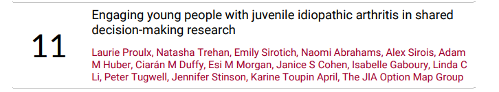 Super proud to see our paper 'Engaging young people w/ juvenile idiopathic arthritis in shared decision-making research' w/#patientpartners @natasha_trehan @emilysirotich Naomi Abrahams & Alex Sirois as first authors. Thanks @toupinak for never-ending support! #PatientEngagement