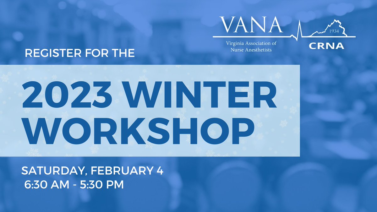 virginiacrna's tweet photo. Join us in Richmond, Virginia for the 2023 Winter Workshop! This one-day conference on Feb. 4 features:

➡️ Top-notch speakers on cutting-edge topics in anesthesia
➡️ Student presentations
➡️ &amp; more!

Visit https://t.co/CXyg4iYjed to register, learn more &amp; view the full agenda! https://t.co/rk7Zq3mG4g