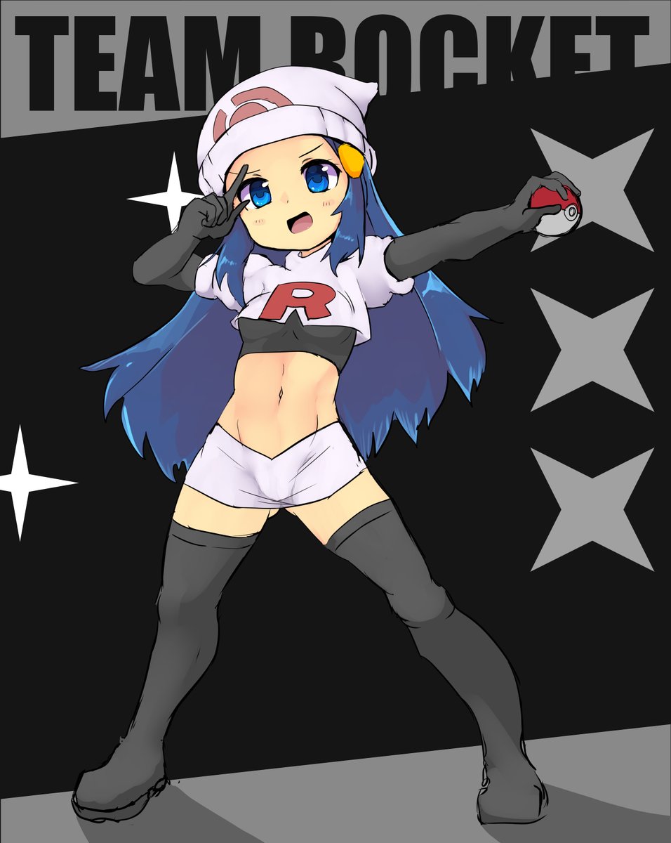 dawn (pokemon) ,jessie (pokemon) 1girl team rocket hat solo closed eyes  navel team rocket uniform illustration